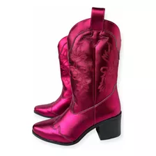 Cowboy Boots Rosa Metalico Con Bordado Barbita Botas De Moda