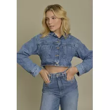 Jaqueta Jeans Cropped Feminina Com Botões E Bolsos Dialogo J