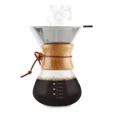 Casa Litus Cafetera Tipo Chemex Grande De 800 Ml Con Filtro Reutilizable De Acero Inoxidable, Cafetera De Goteo Pour Over De Vidrio Borosilicato Para Café Molido Con Agarradera De Bambú, Rinde 4 Tazas