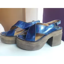 Sandalias Cuero Azul Metalizado Base Alta Marca Prego Nº39