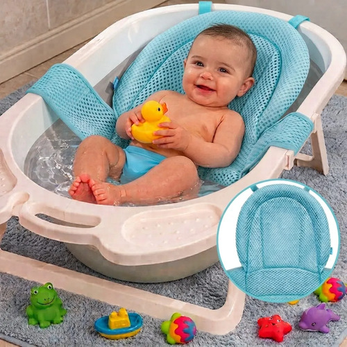 Almofada Para Banheira De Banho Flutuante Bebê Trava Seguro Azul Lisa