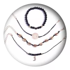 Pulseira Azul Conjunto 4 Peças Conchas Coração Lua R3335