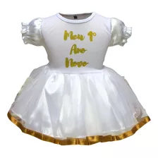 Vestido Mesversário Meu Primeiro Ano Novo Dourado C/laço