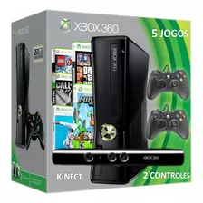 Console Xbox 360 Slim + 2 Controles + Kinect + 5 Jogos