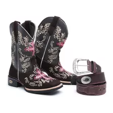 Kit Bota Texana Feminina Bordada De Couro+ Cinto Luxo Oferta