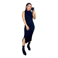 Vestido Midi Gola Alta Anarruga Tubinho Preto