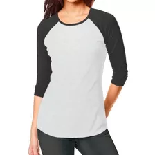 Playera Beisbolera Lisa Mujer Gris Manga Tres Cuartos Raglan