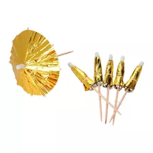 Palito Decorativo Guarda Chuva Dourado 10cm 12un