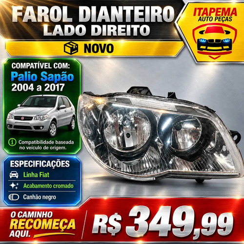 Farol Fiat Palio Sapão 2004-2017 Cromado Canhão Negro Ld Direito/passageiro