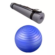 Kit Colchonete Tapete Yoga Ginástica Bola Exercicio Academia Cor Cinza Azul