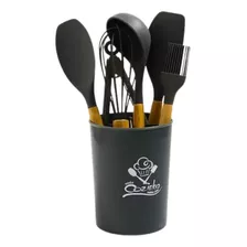 Jogo De Cozinha 7 Peças Utensílios Em Silicone Cabo Madeira