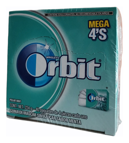 Chicle Orbit 4´s Sabor Polar Mint, Excibidor Con 40 Pzas.