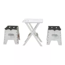 Mesa Mesita De Plástico Plegable + 2 Banquitos De Plastico Plegables Combo Hogar Camping Jardin Balcon