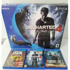 Playstation 4 Slim 500 Gb Edição Especial Uncharted + 2 Controles + 3 Jogos Físicos Resident Evil God Of War Doom Na Caixa