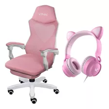 Cadeira Gamer Rosa Aconchegante + Fone Headset Gatinho Mic