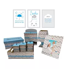 Kit Higiene Bebe Nuvem Azul Com Trio De Quadrinhos Enfeites