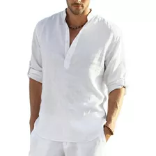 Camiseta Henley De Manga Corta Para Hombre, Lino Y Algodón