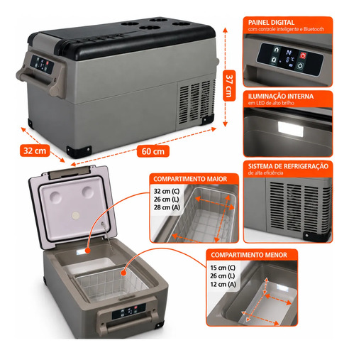 Geladeira Portatil 110v 220v 12v 24v Caminhao Camping Carro Motorhome Quadrivolt Automotiva Freezer Caixa Termica Compressor Digital Viagem Pesca Quadriciclo Van Trailer Offroad Rodas Bivolt 35 Litros — foto 2