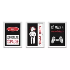 Trio De Quadros Gamer Vermelho Boiserie Rodameio 24x34