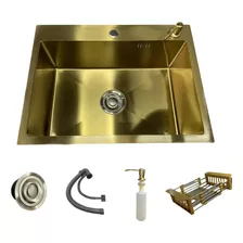 Cuba Pia Inox Dourado Quadrada 60x45 Gourmet Com Acessórios