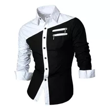 Camisa Diseño Moda Cruzada Negro Manga Larga Elegante