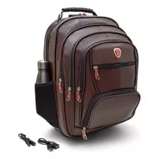 Mochila Masculina De Couro Para Notebook Com Cabo Usb E Fone