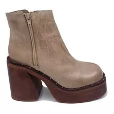 Botineta Bota De Mujer Cuero Vacuno Taco Madera Bvh9000