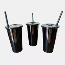 Vaso Negro Cafetero Tapa Plana Con Popote 30 Pzas Reusable 