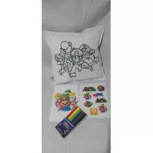 Cojín Pintable Super Mario +libro Colorear+lápices +stickers