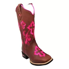 Bota Texana Montaria Couro Ziper Bolso Celular Cruz Rosa 