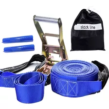 Kit Slackline Azul 15,7 Metro + Protetores + Bolsa + Catraca