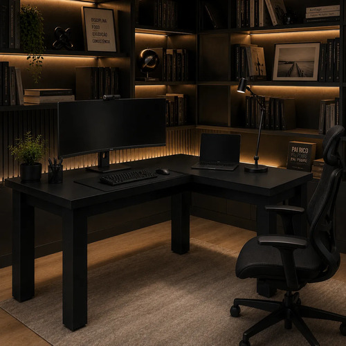 Mesa Em L 110cm Escrivaninha Para Home Office Moderna Preto