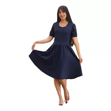 Hermoso Vestido Elegante Midi Manga Corta Azul