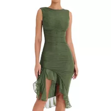 Vestido Dama Casual Midi Ajustado Sin Manga Drapeado De Mesh