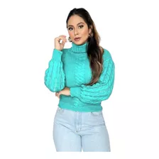 Blusa Grossa Tricot Lã Trançada Manga Longa Bufante Feminina