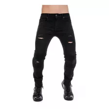 Pantalón Jeans Negro Biker Hombre Skinny Mezclilla Stretch