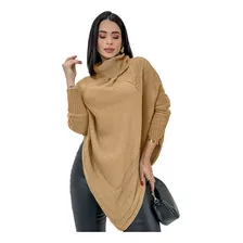 Blusa De Frio Poncho Bico Tricot Manga Longa Cardigan Gola