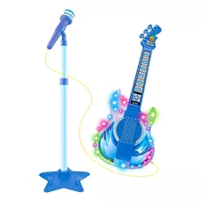 Guitarra E Microfone Infantil Azul Com Som E Luz Meninos