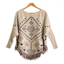 Poncho Com Mangas Em Lã Acrílica Hippie Boho