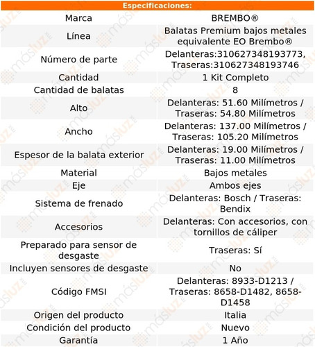 Jgo Balatas (bajos Metales) Tras+del 206 L4 1.6l 05 Brembo Foto 2