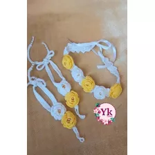 Set Pies Descalzos Y Cintillo Tejido Crochet 3 A 6 Meses