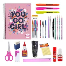 Kit Escolar Feminino Com Caderno 10 Materias 24 Itens