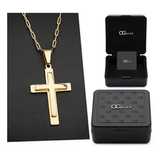 Corrente Cordão Aço Pingente Crucifixo J-507 Banhado Ouro