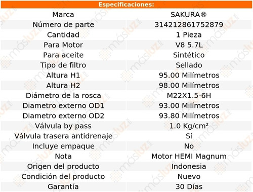 1) Filtro Aceite Chrysler Aspen 8 Cil 5.7l 07/09 Foto 3