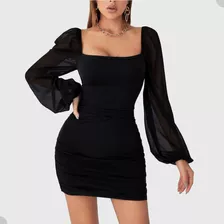 Vestido Tubinho Com Bojo Manga Longa Em Tule 