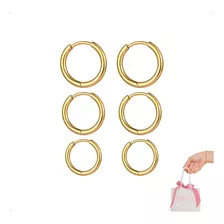 Paquete 3 Pares Aretes Arracadas Aro Acero Inoxidable Oro 10