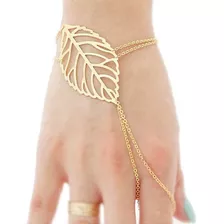 Mujeres Huecas Hojas Dedo Anillo Pulsera Esclavo Cadena Oro