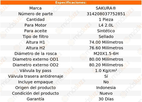 1) Filtro Aceite Sportage 2.0l 4 Cil 17/20 Foto 3