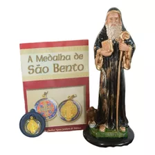 Kit Imagem São Bento 20 Cm Em Gesso +terço + Livro E Medalha