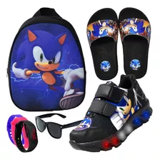 Kit Tenis Infantil De Led Sonic Masculino + Mochila Chinelo 